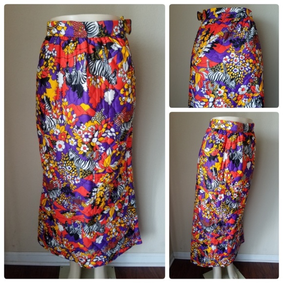 Vintage Quilted Zebra Floral Print Maxi Skirt